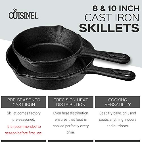 Pre-Seasoned Cast Iron Skillet 2-Piece Set (8-Inch and 10-Inch) Oven Safe Cookware - 2 Heat-Resistant Holders - Indoor and Outdoor Use - Grill, Stovetop, Induction Safe