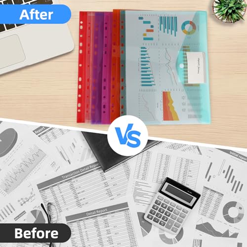 Dokumententasche A4 – 8 Stück Dokumentenmappe A4 in 8 Farben, Wasserdichte Sichttaschen mit 11 Lochrand, Klettverschluss & Etikettentasche, Dokumente Ordnen für Schule, Büro & Zuhause