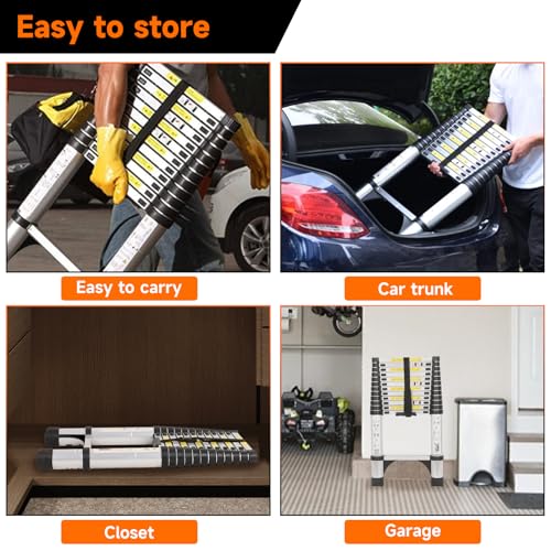Dajianglx 15.5FT Telescoping Ladder, Aluminum Extension Ladder with Hooks & 2 Triangle Stabilizers, 330lbs Capacity, Non-Slip Feet Collapsible Ladder for Home, Outdoor Work, Black - Image 8