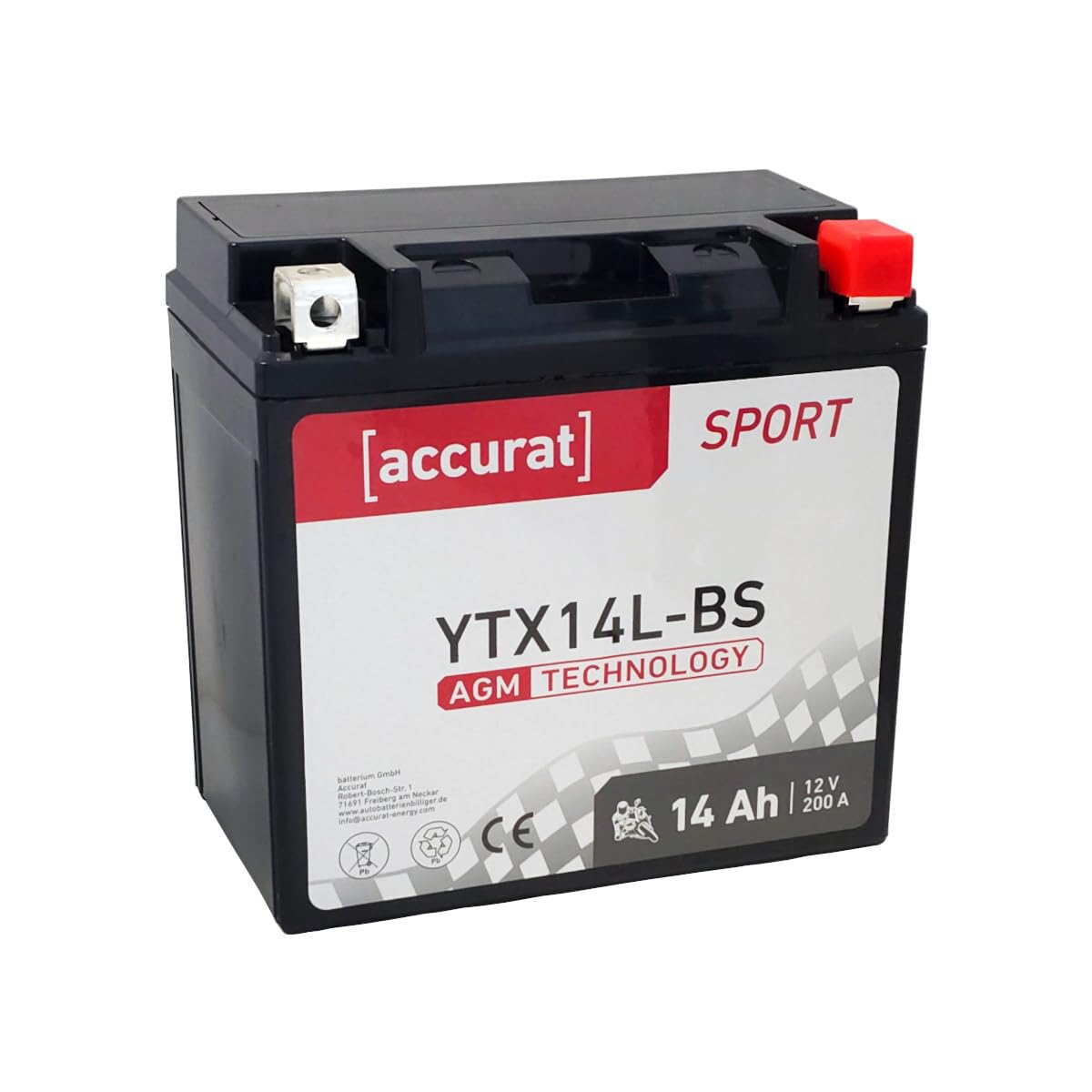Accurat Motorradbatterie YTX14L-BS - 12V, 14Ah, 200A, rüttelfest, wartungsfrei - Starterbatterie, AGM Batterie in Erstausrüsterqualität für Rasentraktor, Roller, Motorrad, Quad