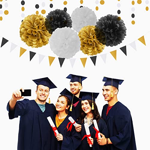 Image of Black Gold Graduation Party Decorations - 23pcs Kits Farewell Tissue Pom Poms Flowers,Streamers Banner,Tassel Garland 50th Men Birthday Bachelorette Baby Shower Decoration Bunting Lasting Surprise