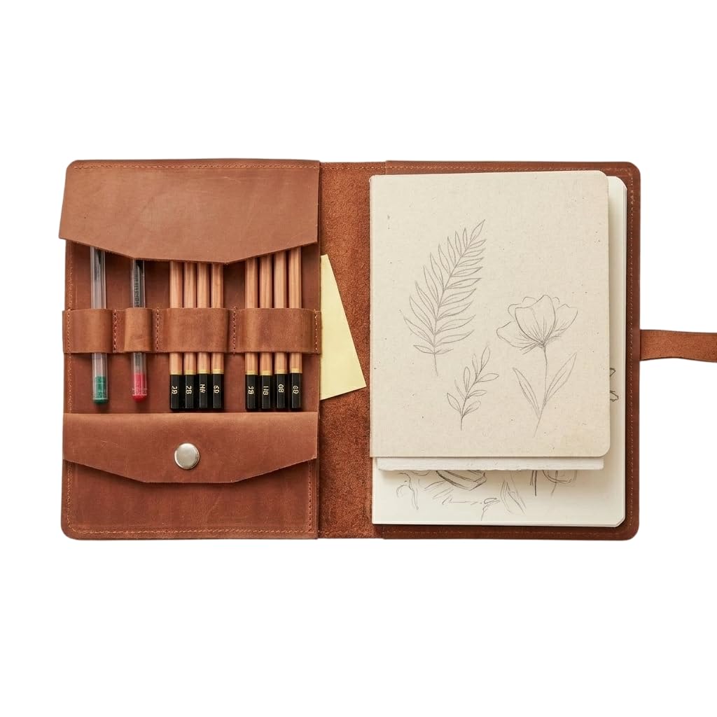 OMBUO 100% Genuine Leather Sketchbook Cover (A5 Half Letter Size 5.5x8.5 in.) – Handmade Leather Artist Sketch Pad Cover & Notebook Cover with Pen Holder and Pockets – Brown Warm
