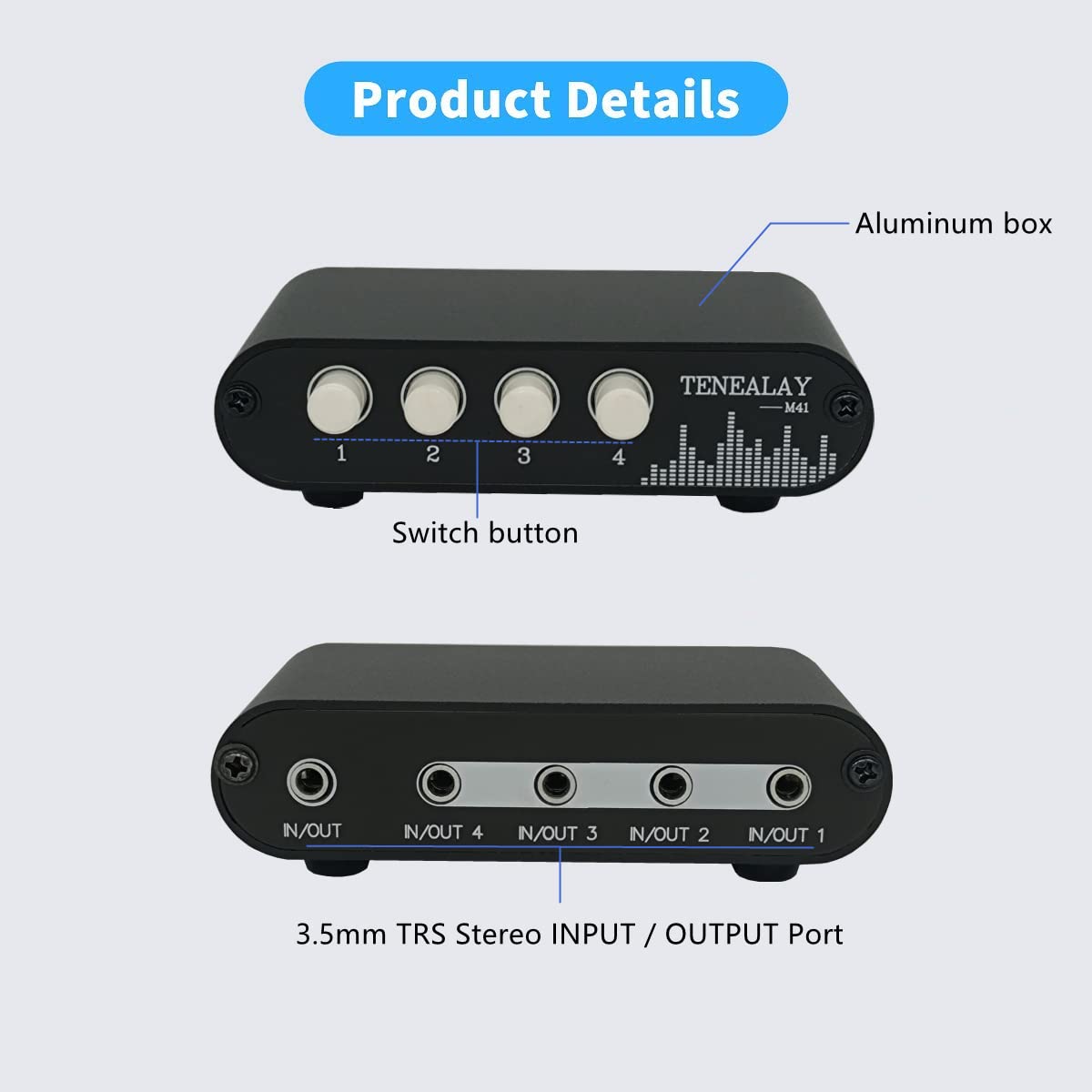 4 w 1 out / 1 in 4 out AUX 3,5 mm wejście audio stereo przełącznik źródła sygnału, 4-drożny przełącznik selektor rozdzielacz M41