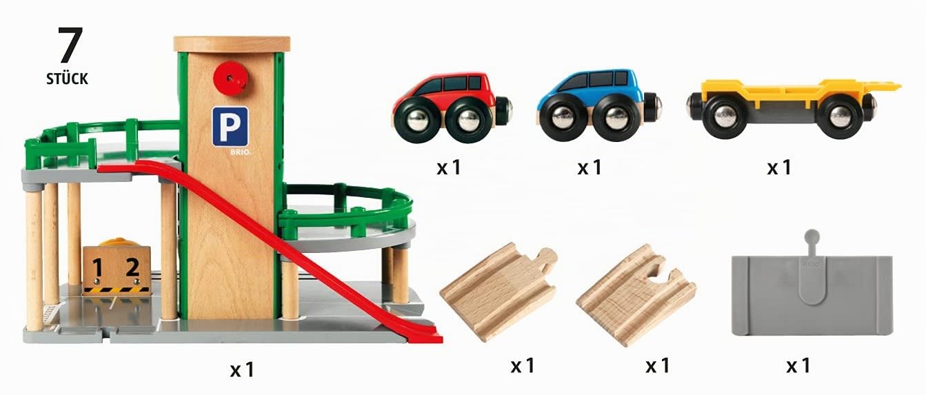 BRIO World 33204 - Parkhaus, Straßen & Schienen & Bahn 33402 - Mittleres Schienensortiment - 16 Gleise aus Buchenholz für die BRIO Holzeisenbahn - Empfohlen für Kinder ab 3 Jahren