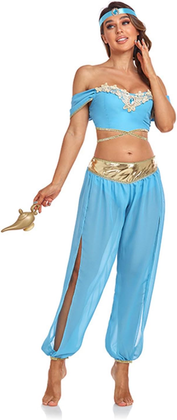 FGRIDWomen's Belly Dance Princess Costume, Aladdin Halloween Chiffon Top Slit Bloomers Pants, Arabian Dancer Harem Dress Gown