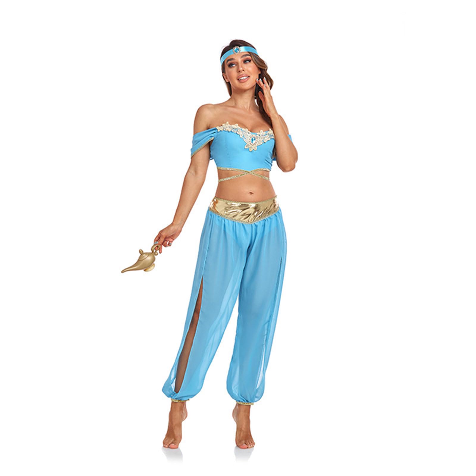 FGRIDWomen's Belly Dance Princess Costume, Aladdin Halloween Chiffon Top Slit Bloomers Pants, Arabian Dancer Harem Dress Gown