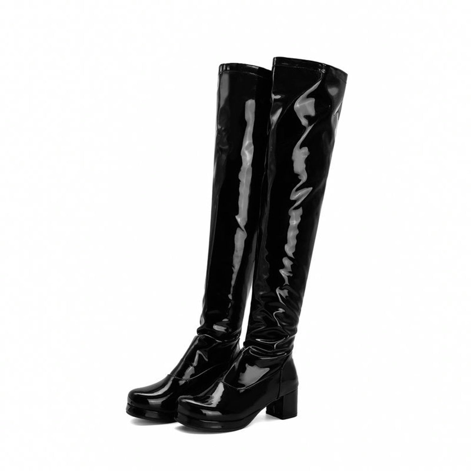 Overknee-Stiefel mit Reißverschluss hinten für Damen, Plateaustiefel mit quadratischer Zehenpartie, klobigem Absatz, Lange Stiefel aus Lackleder