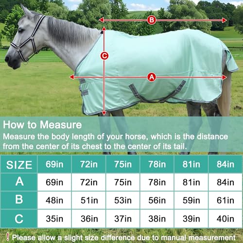 Image of Horse Fly Sheet Lining, Mesh Equine Sheets Fly Rug, UV Protection | Breathable Mesh Fly Sheet for Horse, Equine Summer Sheet, Bug Mosquito FlySheet for Stable, Pasture, Barn (69 inch, Mint Green)