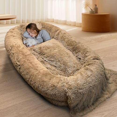 Brubro Large Human Dog Bed for Adult,74.8'x47.3'x13.8' Human Sized Dog Bed for People and Pets,Removable and Washable Faux Fur Giant Dog Bed for Humans with Blanket & Pillow,Khaki