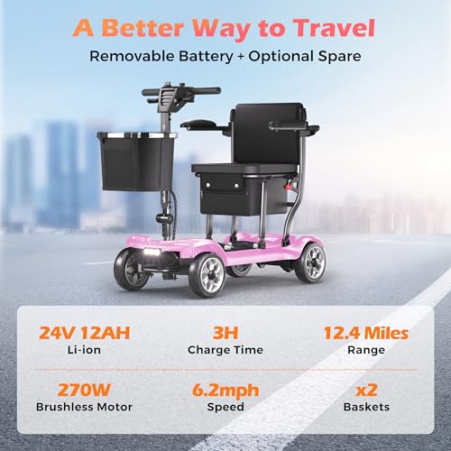 Image of Lightweight Mobility Scooter for Adults & Seniors - Cruise & Airport Approved, 43lb Foldable Portable Motorized Scooters with Removable Lithium Battery for 12.4 Miles Travel, 300lb Capacity, Pink