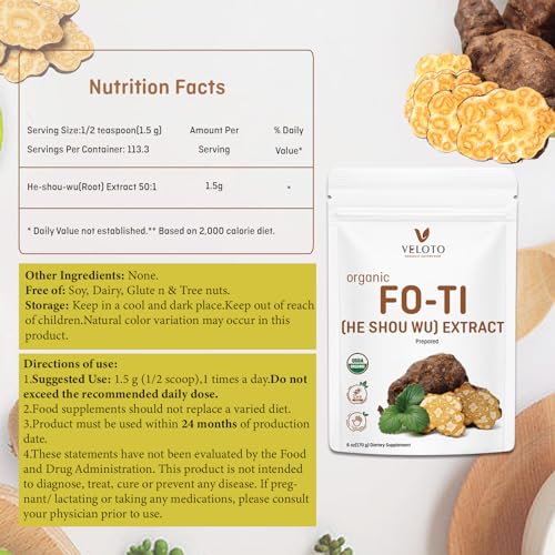 Veloto V9 Organic He Shou Wu, Pure Fo Ti Extract Powder, 50:1 Natural Anti Aging Herbal Supplement Antioxidant Superfood thumb #6