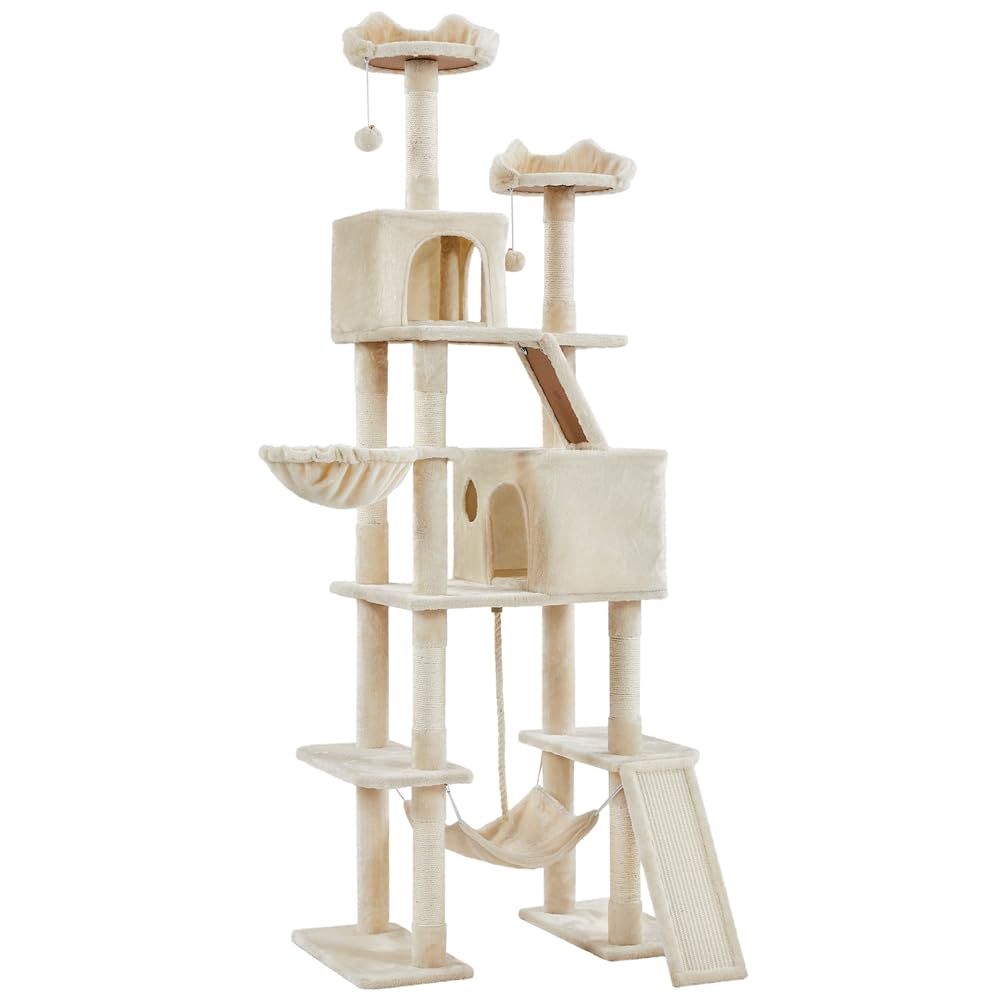Albero Tiragraffi per Gatti in Truciolato Altezza 209 cm Corda in Sisal con Condomini e Amaca Multilivello Beige