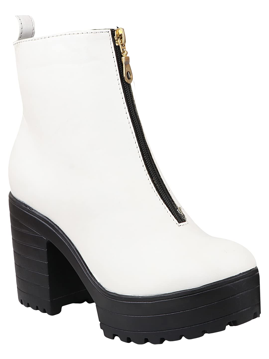 Women's Chunky Heel Platform Ankle Boots with Front Zip Stylish Faux Leather Booties for Party, Street & Casual