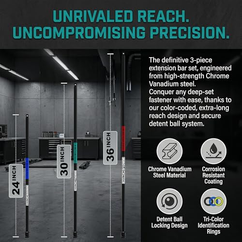 Image of 3PCS 1 /2 inch Extension Bar Set, 17.5'' 24'' 30 inch Drive Impact Extension Bar, CR-V Steel, Narrow and Deep Areas in Automobile Maintenance, Mechanical Assembly or Industrial Operations