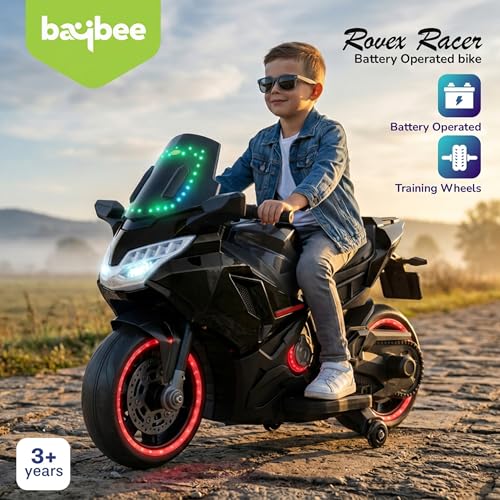 Image of Baybee BoltX Electric Bike for Kids 3+ Years | Baby Rechargeable Battery Bike with Training Wheels, Hand Accelerator, Foot Brake, Led Lights & Music | Battery Operated Bike for Kids to Drive (Black)