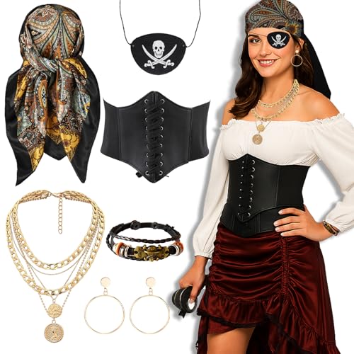 AYNKH Ensemble d'Accessoires Costume Pirate Femme - Foulard,Ceinture,Oreillettes,Collier,Bracelet, Bijoux de Perruque,Déguisement Halloween,Mardi Gras,Mascarade,Représentation sur Scène et Jeu de Rôle