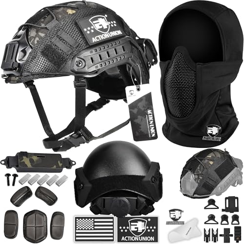 ACTIONUNION Airsoft Helmet and Mask Pro Set Tactical Paintball Helmet and Balaclava Mesh Mask MH Type with Counterweight (Black Medium)