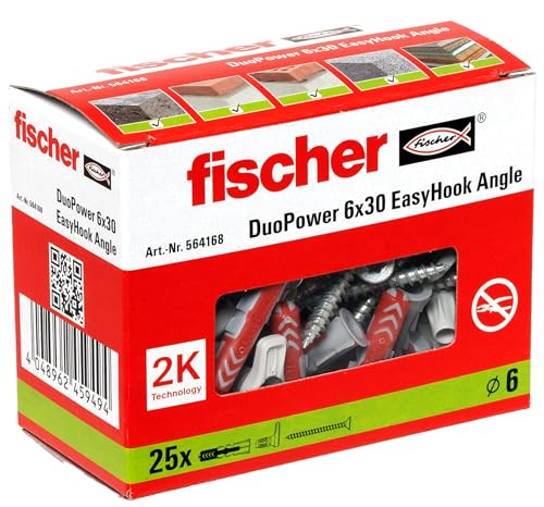 fischer 564168 Angle, Set aus 25 Winkelhaken-Schrauben und DuoPower 6 x 30 Dübeln, Spanplattenschrauben mit Haken, Flexible Schraubhaken zur Montage in zahlreichen Baustoffen EasyHook, Weiß