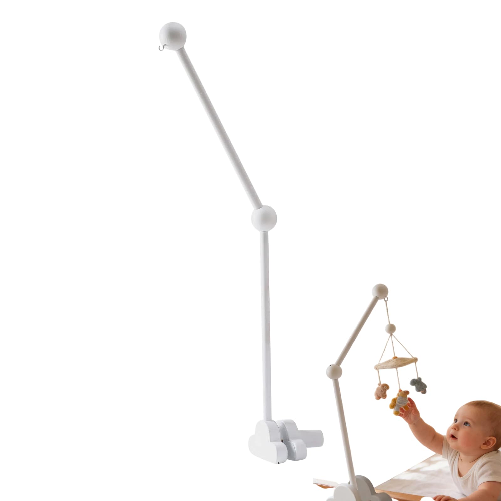 Wooden Cloud Crib Mobile Arm Holder, Non-Toxic Adjustable Detachable Hanger Cot Stand, for Baby Bed Stroller Changing Table, Hanging Bell Wind Chimes Plush Toys, Nursery Decoration Gift (White)