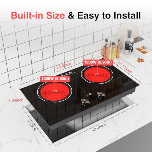 Image of Electric Cooktop 2 Burner, GTKZW 24 inch Electric Stove, 2400W Hot Plate Double Burner, Knob Control Countertop & Built-in, 9 Power Levels, Child Lock, Timer, Suitable for All Pans