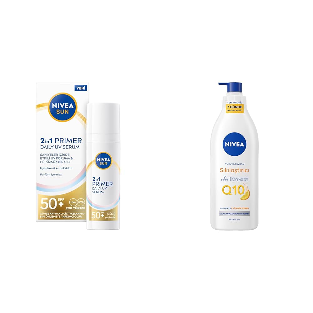 NIVEA SUN SPF50 Güneş Koruyucu Nemlendirici Primer Makyaj Bazı 30ml ve Q10 Sıkılaştırıcı Vücut Losyon400ml