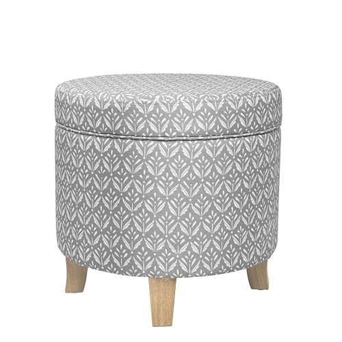 Image of HomePop Upholstered Round Storage Ottoman Home Decor|Upholstered Round Foot Rest Ottoman - Light Grey Print Large