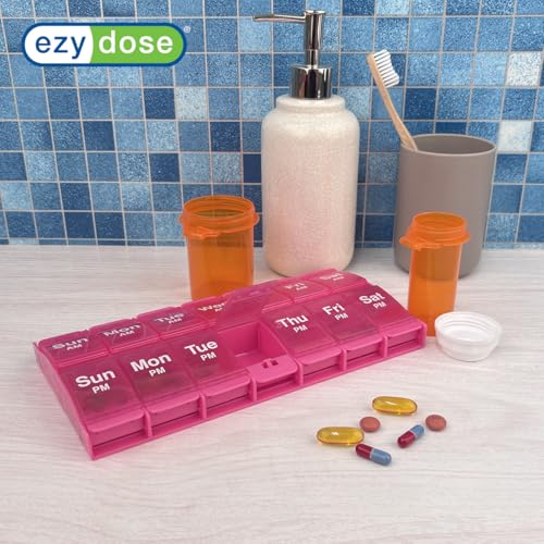Image of Ezy Dose Weekly (7-Day) AM /PM Pill Organizer, X-Large Medicine Case, Pink | Daily Vitamin Box & Supplement Planner, 2 Times a Day Push Button Compartments, Arthritis-Friendly, Travel-Friendly, BPA-Free