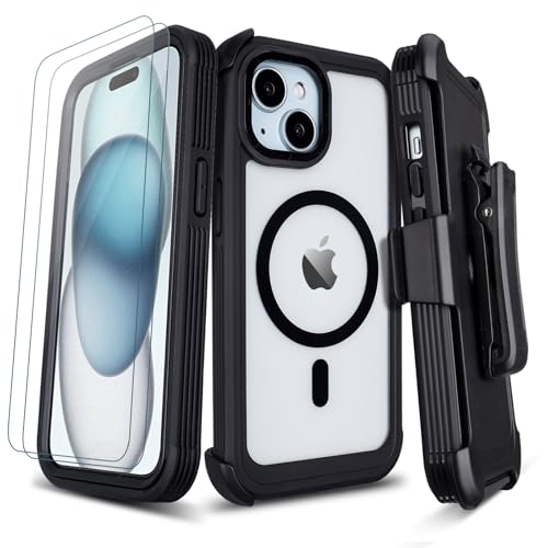 Defender for Clear iPhone 15 Case with Belt Clip Holster + 2 Screen Protectors Compatible with MagSafe Anti-Yellowing Full-Body Phone Cover for iPhone 15 Case (Clear & Black)