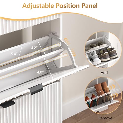 Image of HUANLEGO Shoe Cabinet Storage for Entryway with 6 Flip Drawers, White Fluted Shoe Cabinet with Adjustable Shelves, Wooden Hidden Shoe Rack Freestanding Narrow Slim Shoes Storage for Hallway, Entrance