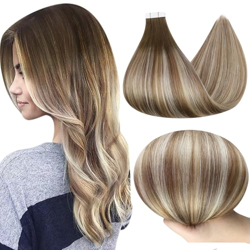 Full Shine Tape in Hair Extensions Human Hair 16Inch Remy Tape in Extensions 20Pcs 50G Seamless Tape Hair Extensions Real Human Hair Dark Roots Color 3/8/22 Brown and Blonde Highlights for Wedding