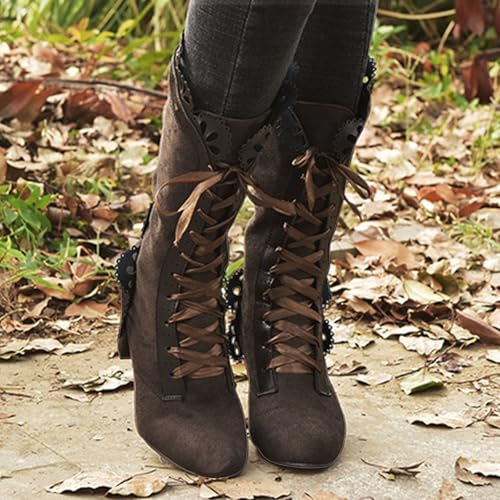 Victorian Boots For Women 2025 Chunky Heels Lace up Cute Cosplay Costumes Witch Medieval Renaissance Mid-Calf Goth Boot Vintage Dance Kawaii Lolita Shoes2