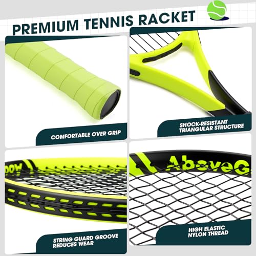 Image of AboveGenius 27 inch Tennis Racket Set,2 Pack Adult Tennis Racquets for Beginners & Intermediate,Pre-Strung 105sq in Oversized Head,Include 3 Balls, 2 Overgrips & Carry Bag for Women & Men (Yellow /Orange)