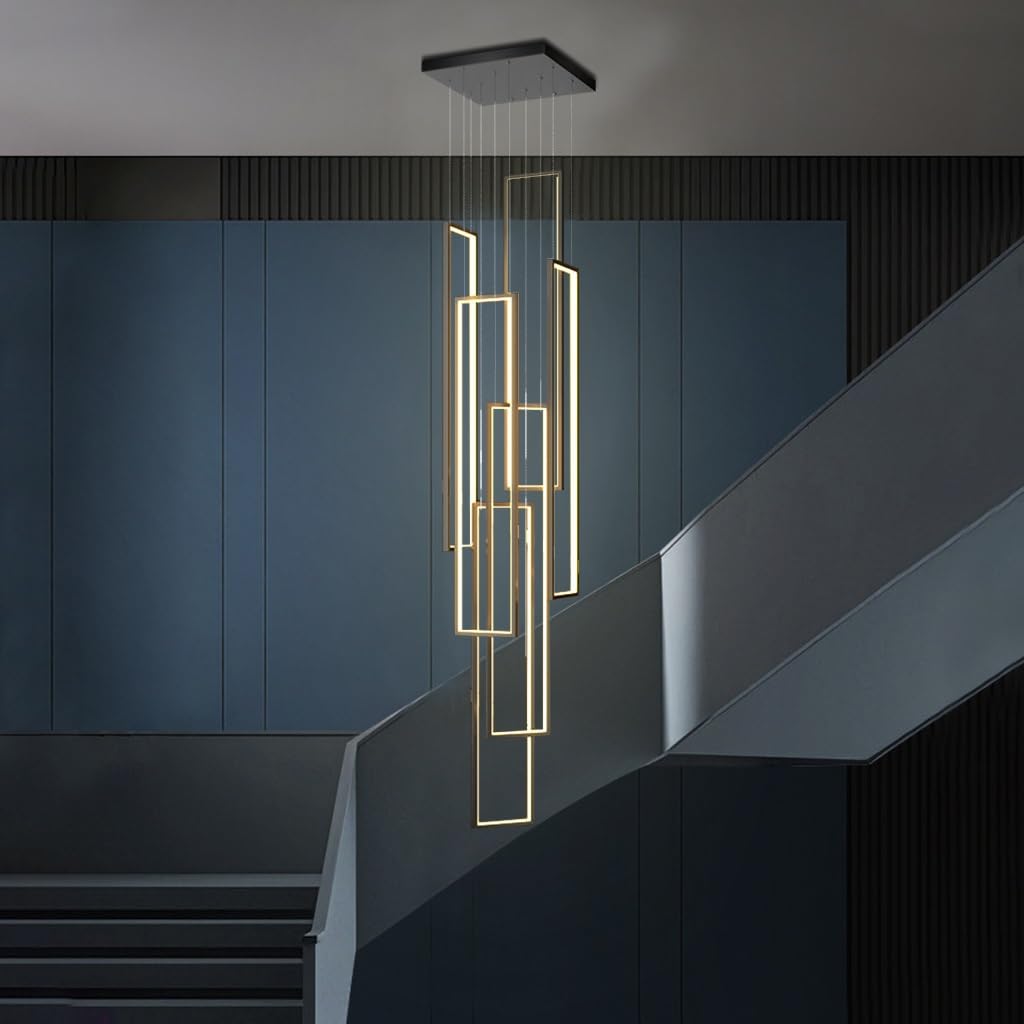 DOCJX Black Chandelier Ceiling Light Modern Geometry Staircase Pendant Lighting Aluminum Material LED Chandelier Living Room Hanging Lamp Duplex Building Large Pendant Lamp Hallway Stairway Foyer