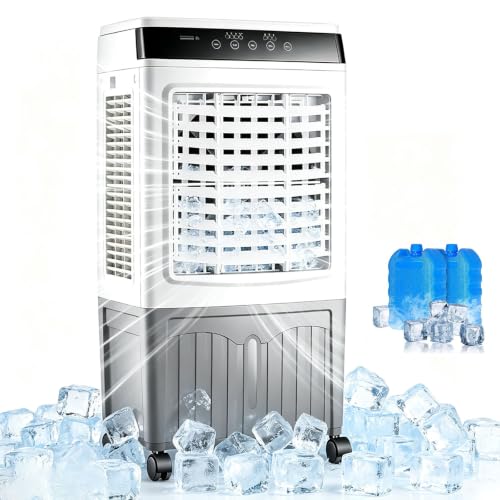 Enfriador de aire evaporativo con tanque de agua de 10.5 galones, ventilador de refrigeración portátil, 2 cajas de hielo, 3 velocidades de viento, oscilación de 120° para uso en interiores y