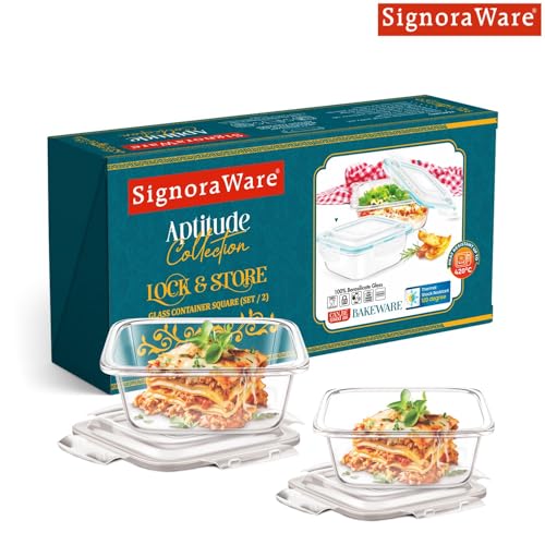 Image of Signoraware Safe Store Glass Square Containers | Airtight & Leakproof | Microwave Safe | Ideal for Reheating, Baking or Serving, Office Lunch & Outdoor Activities (320ml+520ml | Setof2 | Clear)