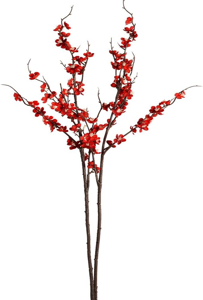 5pcs Cherry Blossom Branches Artificial Flowers 39 Inch Faux Flower Stems for Spring Summer Home Wedding Office Party Decoration (5, Red)