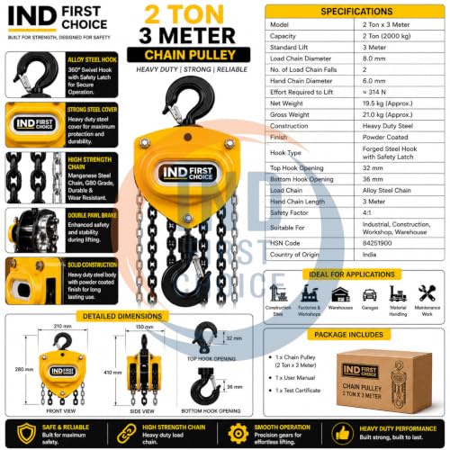 Image of 2 Ton Manual Chain Pulley Block, 3 Meter Lift Height, Standard Series, Heavy Duty Chain Hoist with Safety Hook for Industrial, Construction & Warehouse Use