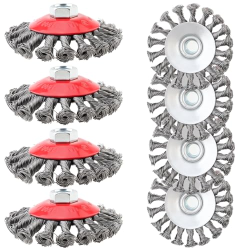 Image of ChgImposs Wire Wheel 8 Pack 4 Inch Angle Grinder Wire Brush with 5 /8 Inch Threaded Arbor Suitable for 4 1 /2 Angle Grinder， Coarse Crimped Twisted Knotted Cup Brush for Rust and Paint Removal