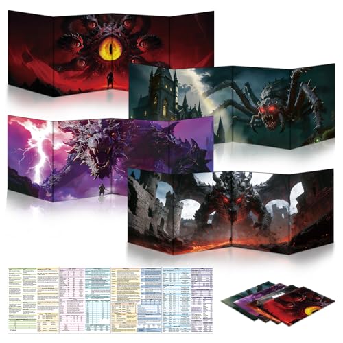 Byhoo DM-Sichtschirm 4er-Set für D&D 5E Immersives Zubehör Monstrous Horror abwischbare Oberfläche mit Ständern tragbares A4-Faltformat ideal für Spielleiter