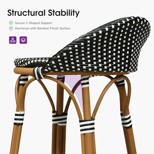 Image of PURPLE LEAF Patio Oversized Backrest Counter Height Stool Set of 1 Outdoor Round Barstools Aluminum Frame in Bamboo Finish Woven Rattan for Indoor Kitchen Dining Bistros Cafe Restaurant Black