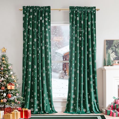 Image of Beauoop Christmas Green Velvet Curtains 96 Inches Long 2 Panels for Bedroom Living Room Silver Snowflake Holiday Decor Thermal Insulated Room Darkening Rod Pocket Window Treatments Drapes, 52X96