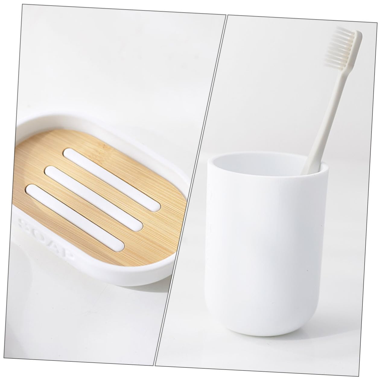 Conjunto de Accesorios de Baño de Plástico y Bambú para Almacenamiento Elegante y Práctico para Cepillos y Jabón Hotel o Uso Doméstico