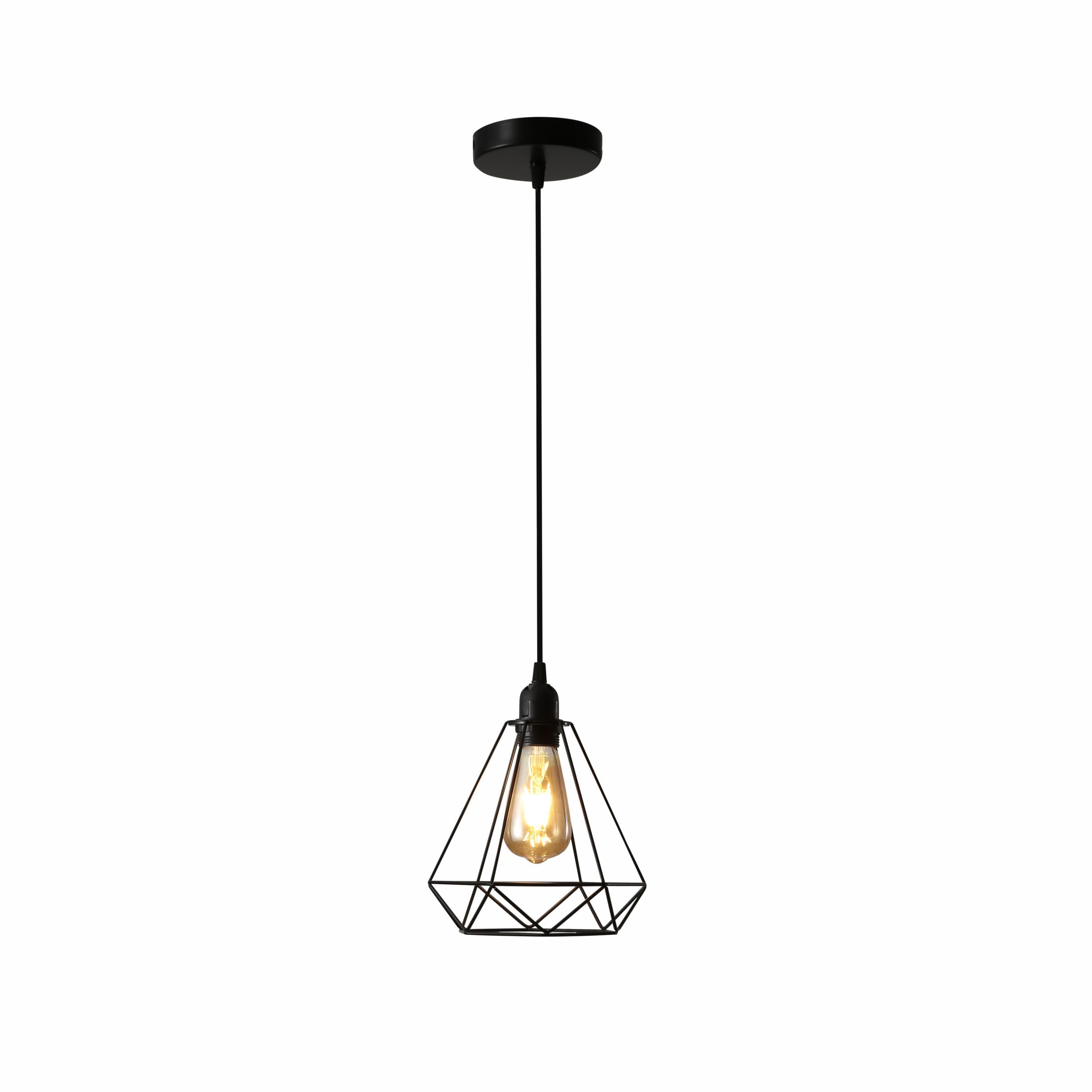 TEKLED® Black Metal LED Ceiling Light | Diamond Caged Funnel | Single E27 Edison Screw Bulb Base | Home&Industrial Modern Design Pendant Light | for Bar Kitchen Dining Room Bedroom Coffee Shop