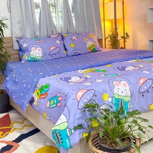 Image of Famyo Kids King Size 5-Piece Bedding Set, Astronaut Space | 250 TC Fitted Bedsheet, Comforter, Comforter Cover & 2 Pillow Covers, 72 x 78 in, Purple Space Design