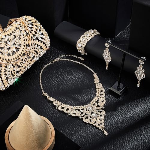 Image of Quelay 4 Pcs Purse Rhinestone Jewelry Set for Wedding Bridal Women Evening Clutch Bag Necklace Dangle Earrings Bracelets