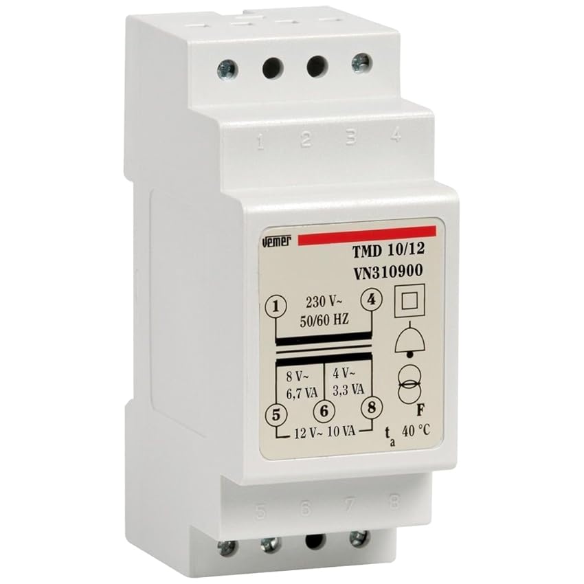 VEMER VN310900 TMD 10/12 - Trasformatore 12V per Campanelli, Installazione su Barra Din, Tensione Primario 230V, Tensione Secondario 4-8-12V, Potenza 10VA, Bianco