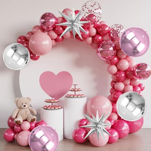 Image of 6pcs 22 inch Pink Silver Star Balloons and 4D Large Foil Balloons, Pink and Silver Star Balloon 4D Foil Balloon For Birthday Baby Shower Party Wedding Anniversary Bridal Shower Valentine's Day Decor