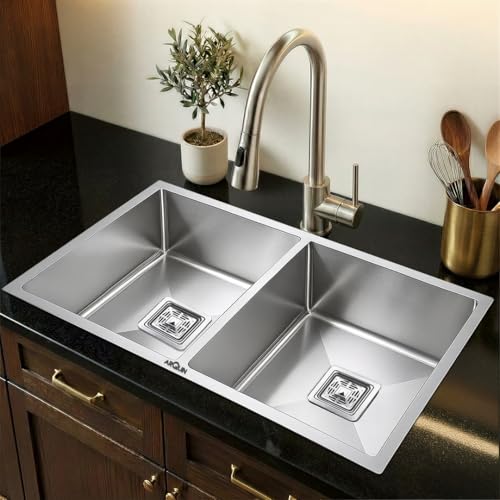 Image of ARQUIN Double Bowl Kitchen Sink 37x18x10 Inch Original 304 Grade stainless steel Handmade Matt Finish Basin For Kitchen Undermount | Topmount Including Couping, Waste Pipe, Washing Basket