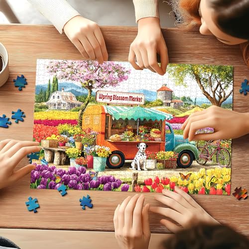 Rompecabezas de 500 piezas para adultos – Camión de flores y mercado, perro y tulipanes en jardín, desafiante, ideal para noches de juegos, 20,5 x 15 pulgadas miniatura 5