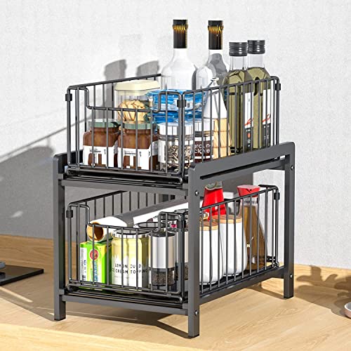 Wuudi 2 Tier Sliding Baskets Cupboard Organiser, Kitchen Cupboard Cabinet Organizer Basket, Pull-Out Mesh Baskets Drawer, Under Sink Extendable Steel Drawers - Image 6